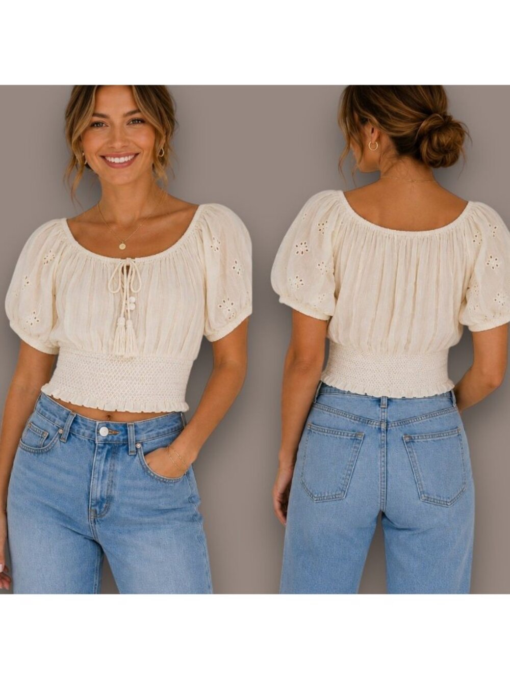 New with $118 Tags! Shore Seville Smocked Crop Top Sz S Ivory Peasant Blouse